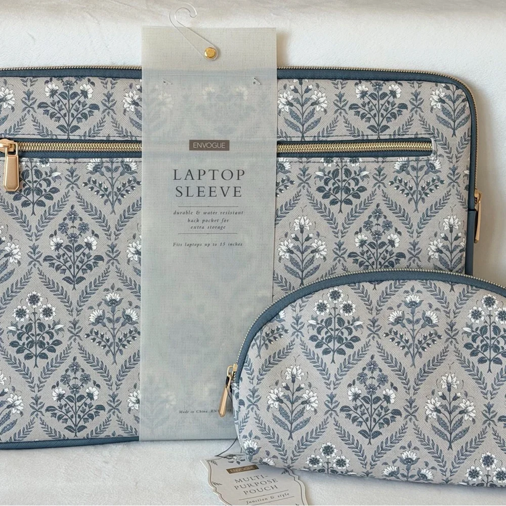 Envogue, Labtop Sleeve Gray and Blue Floral with Multipurpose Pouch Set